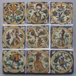 A group of 9 Spanish tiles, Seville (Triana), ca. 1700 An interesting set of 9 unusual medallion