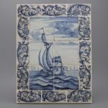 A Dutch Delft blue and white tile panel with a herring buss boat, 18th C. Consisting of 6 18th C.