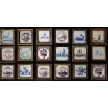 A set of 18 Dutch Delft tiles framed 18-20th C. A set of 18 Dutch Delft tiles framed 18-20th C. of