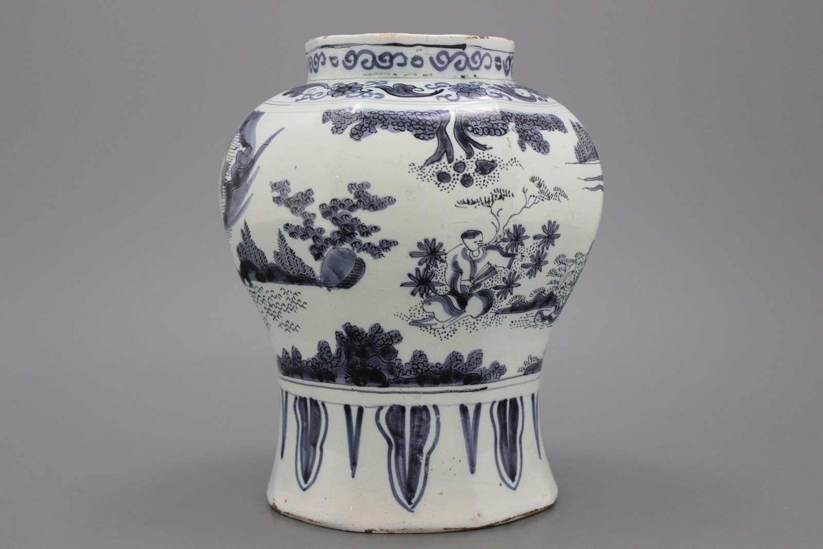 A Dutch Delft blue and white baluster vase in transitional style, late 17th C.  Of rounded octagonal - Image 3 of 5