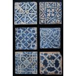 A set of 6 Manises blue and white tiles 15th C. All decorated in blue and white with various