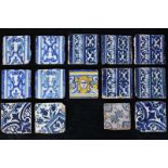 A mixed lot of 14 Spanish and Portuguese tiles 17th C. All decorated in blue and white, the frieze