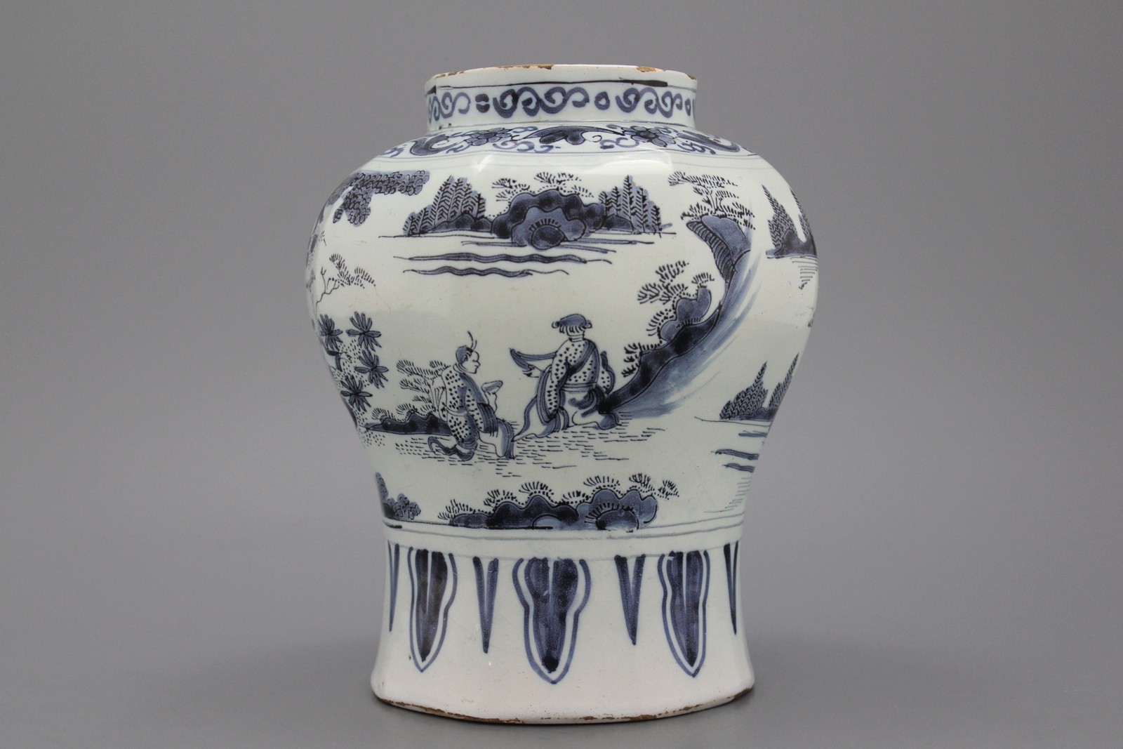 A Dutch Delft blue and white baluster vase in transitional style, late 17th C.  Of rounded octagonal - Image 2 of 5