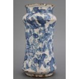 A Spanish blue and white splashed albarello, ca. 1700 A small Spanish albarello of waisted form with