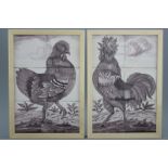 A pair of manganese Dutch Delft tile panels with a hen and a rooster, 18th C. A nice pair of pendant