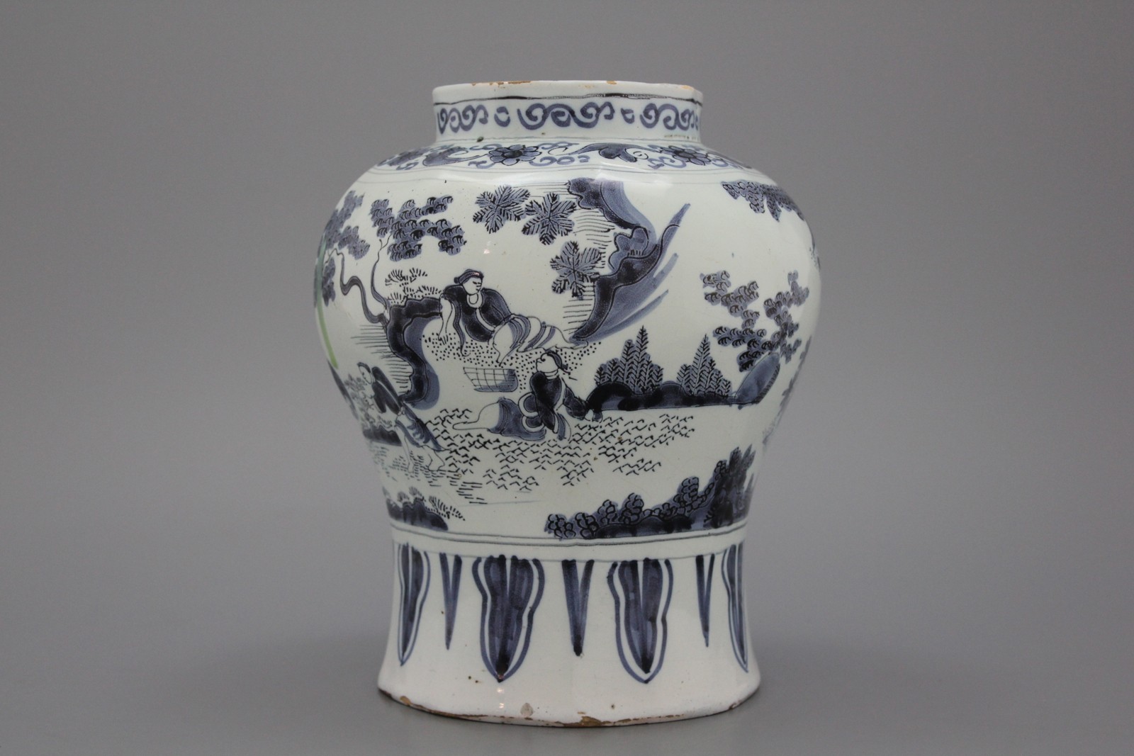 A Dutch Delft blue and white baluster vase in transitional style, late 17th C.  Of rounded octagonal