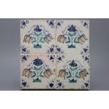 A set of 4 polychrome floral Dutch Delft tiles ca. 1620 A set of four early Dutch Delft polychrome