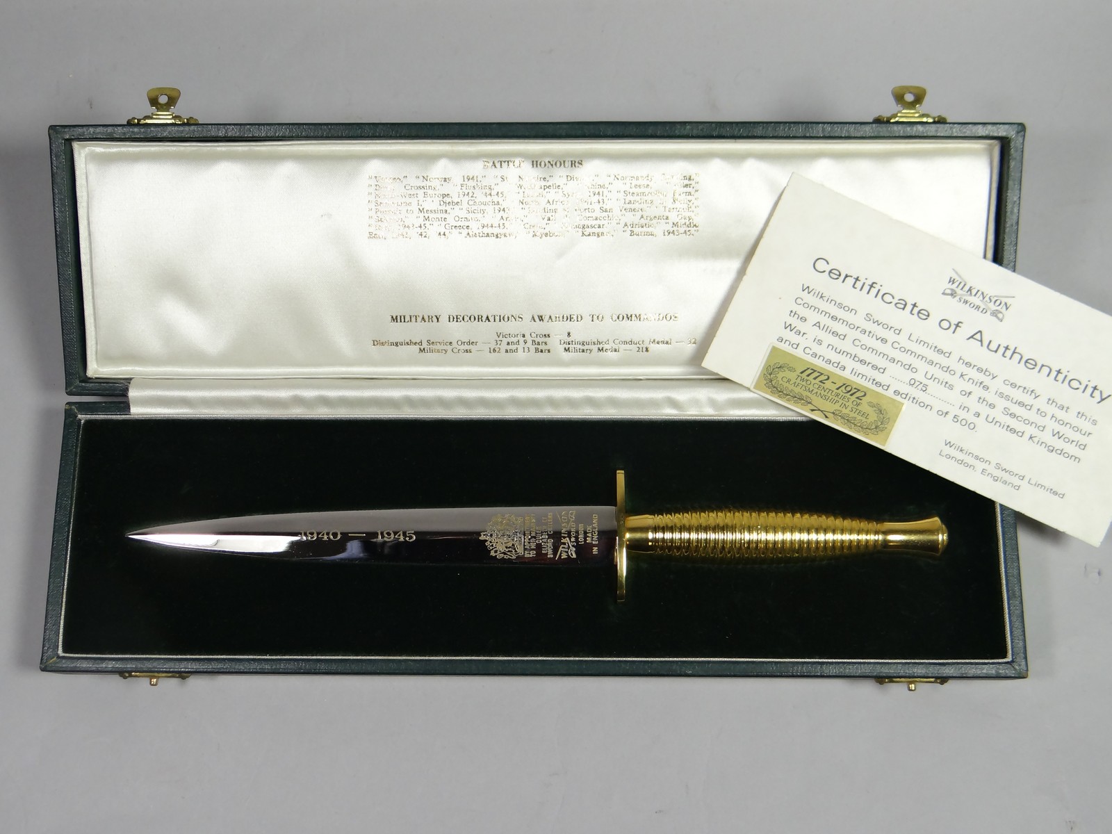 A presentation Fairbairn-Sykes Fighting Knife Ltd Edition (75/100) in case of issue with gold-