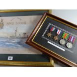 A framed group of four WWII medals consisting of 1939-45 and France and Germany Stars, WWII