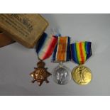 A WWI 1914 Star trio of medals to 9076 Pte. J. Palmer, K.O.S.B. (on 1914 Star), WWI War & Victory to