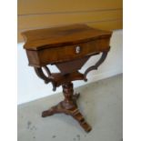 A Victorian mahogany sewing table, raised on a carved tripod-base, the hinged lid revealing an