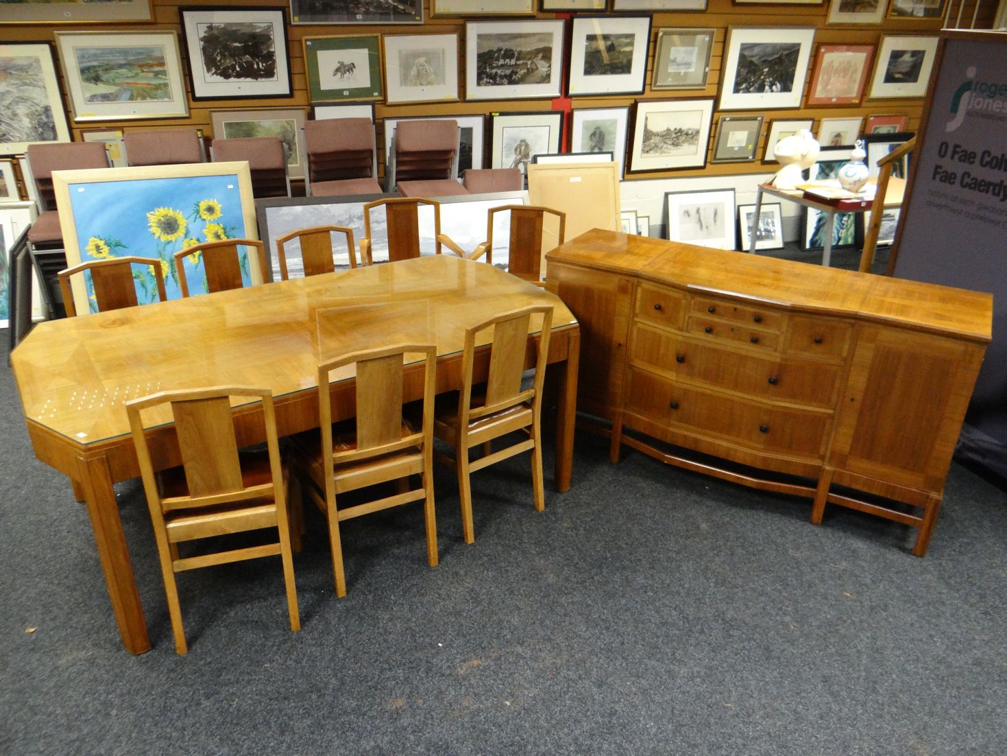 A quality-construction twentieth century dining suite comprising parquetry buffet sideboard with