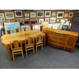 A quality-construction twentieth century dining suite comprising parquetry buffet sideboard with