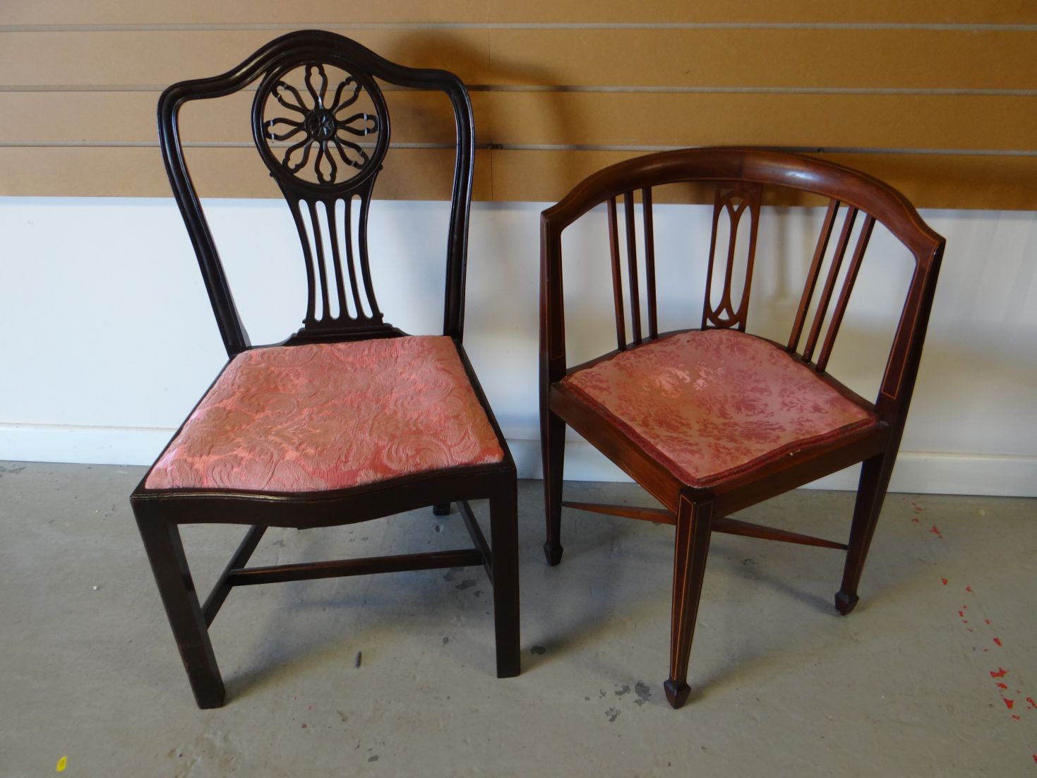 An inlaid mahogany corner-chair and another carve back chair