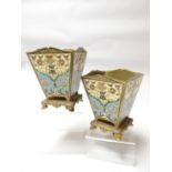 A pair of ormolu and cloisonne four-sided planters raised on decorative four footed bases, 5.5 ins