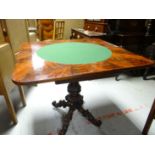 A fine quality William IV mahogany fold-over card table to reveal a circular green beize interior,