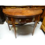 A fine quality flame-mahogany Sheraton-revival fold-over demi-lune tea-table, with inlaid shell