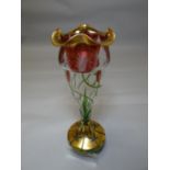 A circular based tulip-shaped glass vase Art Nouveau decorated with flower-design 13 ins high (33