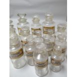 Fifteen clear glass pharmaceutical bottles with stoppers, all with white chemical labels with red