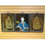 A trio of framed Chinese portraits of courtesans wearing traditional decorative clothing, believed