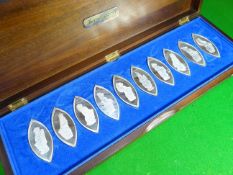 A cased set of ten Queen Elizabeth II silver jubilee medallions of marquise form and bearing