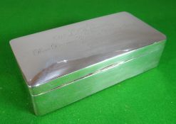 An oblong silver mounted wooden cigarette box, inscribed lid, marks indistinct