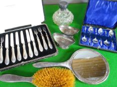 A cased set of six silver tea knives and forks; together with a cased set of six Apostle silver