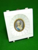 An oval miniature portrait of an elegant lady in a believed ivory veneer panelled frame, 4 x 3.5 ins