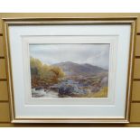 WATERCOLOUR: W Artingstall RCA - mountainous river scene with drover and cattle, 9 x 13 ins (23 x 33