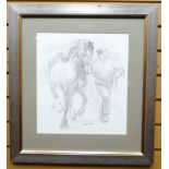 PENCIL DRAWING: Aneurin Jones - study of a cob and handler, signed, 15.5 x 14 ins (40 x 35 cms)