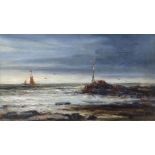 OIL ON CANVAS: Richard Short - coastal view with signal and vessel, signed, 6.75 x 11 ins (17 x 28