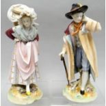 A pair of porcelain figurines modelled as a trader and his companion, he wearing a feathered hat and