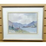 WATERCOLOUR: William Grant Murray - Lake Como with church, monogrammed, 10 x 14.5 (26 x 37 cms)