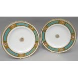 A pair of late-Victorian Staffordshire porcelain plates decorated in gilding and bird's-egg-blue and