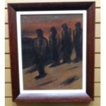 OIL ON CANVAS: Manner of Josef Herman - four standing figures at sunset, 19.75 x 15.25 ins (50 x