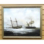 OIL ON BOARD: D Hewitt - two clipper ships being wrecked in a storm, signed, 21 x 29 ins (54 x 69