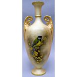 A twin handled Royal Worcester blush ivory narrow necked vase with circular foot, decorated with a