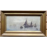 OIL ON CANVAS: H G Heath - nineteenth century maritime scene with boats in mist,  signed, 8 x 17.5