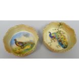 A pair of Locke & Co blush ivory dishes, with moulded exterior, each painted with pheasants to the