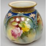 A Royal Worcester flared globular pot pourri (no cover) painted with panels of roses, 3 ins high (
