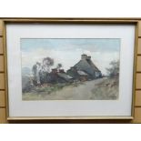 WATERCOLOUR: Gyrth Russell - cottages on lane with figures, signed, 35 x 54 ins (11.75 x 21.25