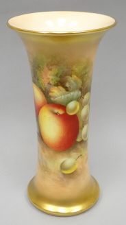 A Royal Worcester porcelain flared cylindrical vase decorated with apples and grapes by E