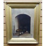 OIL ON CANVAS: Emilie Preuss (after Wiertz) - sleeping dog with food bowl in nook, signed and