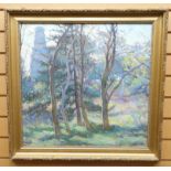 OIL ON CANVAS: Wynford Dewhurst - woodland study with church tower beyond, entitled verso '