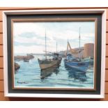 OIL ON CANVAS: Vinciguerra - fortified harbour with boats, signed, 20.5 x 25 ins (52 x 64 cms)