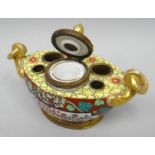 A believed French enamelled porcelain and gilt-metal pen-stand and inkwell, gondola-shaped, floral