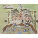 WATERCOLOUR: Follower of Louis Wain - two pyjama wearing comic cats eating in bed, unsigned, 10 x 13