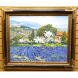 OIL ON CANVAS: Modern European School - colourful landscape with lavender fields (possibly