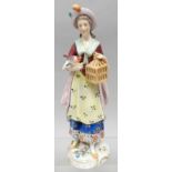 A small Chelsea porcelain figure of a standing lady wearing decorative costume with bird and bird-