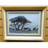 OIL ON BOARD: Welsh Twentieth Century School - landscape with two cows and tree entitled on label